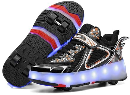 Mateju Rollschuhe für Jungen und Mädchen - Kinder Turnschuhe Mit 4 Versenkbaren Rollen - Damen Herren Skateboardschuhe 36 EU Schwarz