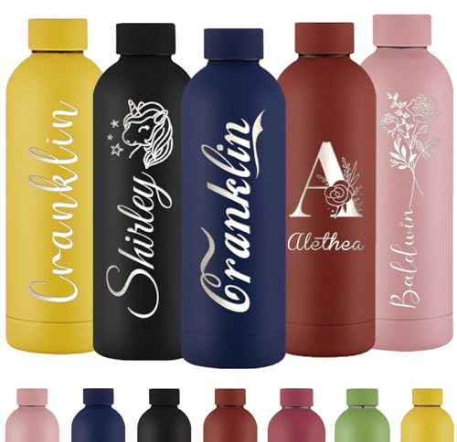 Xihedfd Gourde Personnalisée Bouteille d'Eau Gravée Avec Nom Bouteille d'Eau Isolée En Acier Inoxydable 500ml Pour l'École Le Bureau Et Le Sport