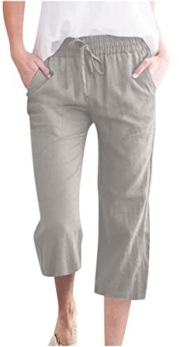 KOG Outlet Angebote 3/4 Hose Damen Leinenhose Sommer Sommerhose Leinen Elegant Cargo Hosen Teenager Mädchen Jogginghosen Einfarbige Leicht Beige Kurzgrößen Boulderhose Gutschein Grau L
