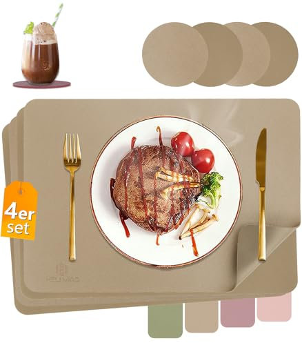 HELI MIAO Tischsets Abwaschbar,Platzsets Abwischbar,Tischset Leder,Hitzebeständig Doppelseitigen I 4er Set Platzdeckchen Lederoptik mit Untersetzer,Tischuntersetzer,Platzdecken Gold