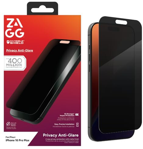ZAGG InvisibleShield Glass Elite Privacy Anti-Glare, blendfreier Displayschutz aus gehärtetem Glas für iPhone 16 Pro Max [6.9-Inch], Blickschutz, schmutzabweisend, kratzfest, stoßfest. (schwarz)