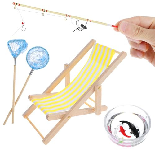 Yuanchu Miniatur Puppenhaus Deko, Mini Stranddekorationen 5 St 1:12 Fishing Dekoration Strand Möbel Modell Garten Zubehör DIY Zen Garten Party Favor Strandstuhl Puppenliegestuhl Angelrute Fischernetz