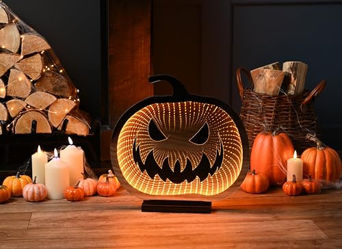 Festive Productions Halloween Infinity Effect 3D Pumpkin LED Light - 40cm - Orange - Halloween Decoration Pumpkin Themed Décor Prop Scary - Perfect for Halloween Parties, Home, Living Room