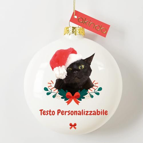 Akinda Art Gallery - Pallina di Natale in Vetro Gatto Nero Personalizzabile - Addobbi e Decorazioni per Albero - Bianca - Regalo