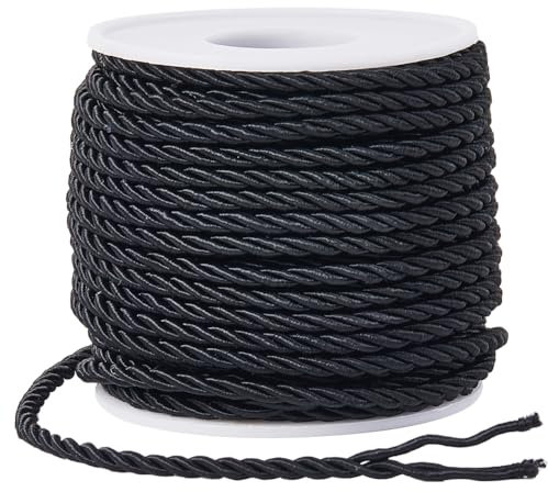 SOFPLATE 22 Yards/20M Twisted Cord Ribbon Decorative Rope Trim 3mm Black Polyester 3-Ply Silk Twine Twist Cording Thread Graduation Honor Cords for Home Decor Costume Crafting Bag Upholstery Curtain