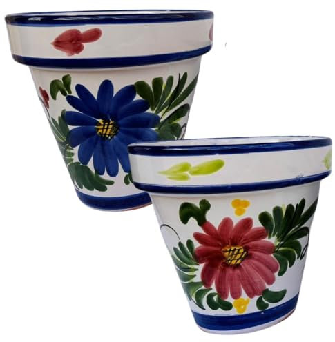 R&M essentials- Set de 2, Macetas de Ceramica, Ø 20cm, Maceteros Decorativos Interior - Exterior - Artesanales Pintados a Mano