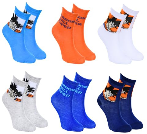Dragon Ball Z Chaussettes pour Garçons, Lot de 6 Chaussettes en Coton, Cadeau pour Garçons et Adolescents, Tailles EU 23 à 34