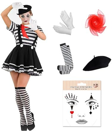 Clown Kostüm Damen, Pantomime Kostüm Damen mit Make-up Aufkleber, Weißer Handschuh, Schwarzer Hut, Netzstrümpfe und Rotes Tuch, Faschingskostüm für Damen und Herren, Karneval Mottoparty Kostüm