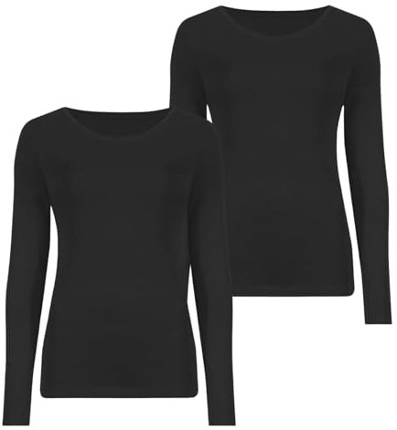 janisramone® Womens T Shirts, Pack of 2 Plain Round Neck Long Sleeve T Shirt, Stretchy Slim Fitted Breathable Summer Tops for Women UK, Going Out Tops Black