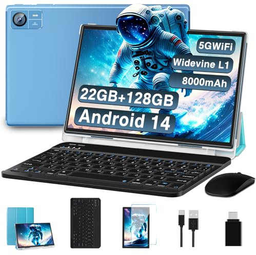 JVVQTB Tablets Android 14 10 Inch Octa Core 22GB RAM + 128GB ROM (1TB TF) | 5G + 2.4G WiFi | GPS| FHD | Bluetooth 5.0 | 8000mAh | 8MP + 5MP | Type C, Keyboard and Mouse-Light Black