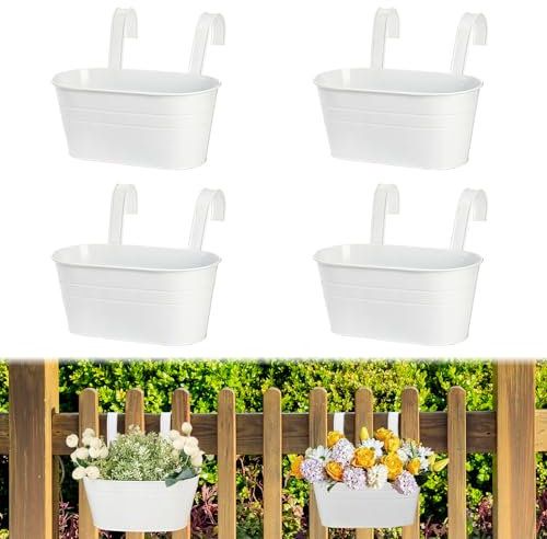 LCUHAVA 4 Fioriere Sospese in Metallo, Fioriera Sospesa per Piante Grandi, Fioriera Sospesa 27 cm, con Foro di Drenaggio, per Recinzione Balcone, Decorazione Giardino, Recinzione Muro (Bianco)