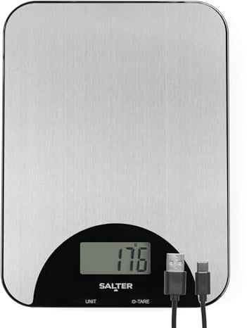 Salter Stainless Steel Rechargeable Scale – Kitchen Scale, Add & Weigh Multiple Ingredients, Measure Liquids, USB Charge, LCD Display, Slim Design, 5kg/11lb Capacity, for Baking & Cooking, Silver