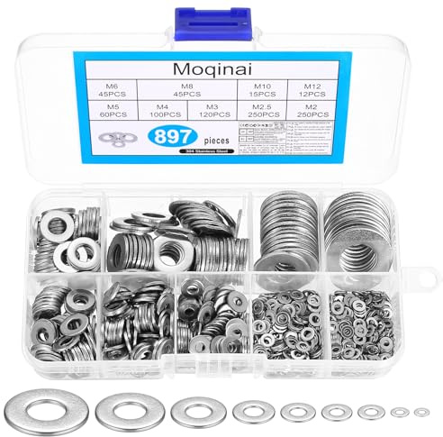 Moqinai 897 Stück Edelstahl Unterlegscheiben Set, Beilagscheiben Sortiment, Flache Unterlegscheiben Sortiment, Metall Sicherungsscheiben Distanzscheiben für Schrauben, M2 M2.5 M3 M4 M5 M6 M8 M10 M12