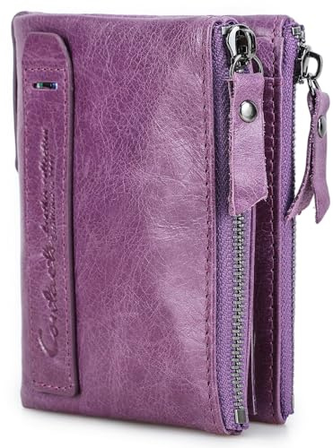 Contacts, portafoglio corto da uomo con RFID, in vera pelle, con scomparto per carte e monete, borsa con doppia cerniera, portafoglio bifold per donna, Viola chiaro