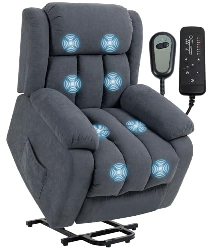 HOMCOM Fernsehsessel mit Aufstehhilfe Elektrisch Relaxsessel Dunkelgrau | Liegefunktion, Massagefunktion, Massagesessel, mit Fernbedienung, Seitentasche, Fußteil, TV-Sessel, mit Leinenoptik