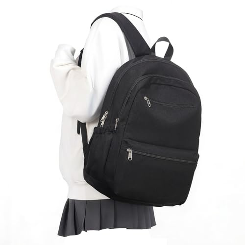 Lendolk Uni Rucksack Damen Herren Schwarz, Wasserdicht Rucksack Schule Aesthetic, Gymnasium Schulrucksack Teenager Mädchen Jungen, Casual School Bag mit Laptopfach