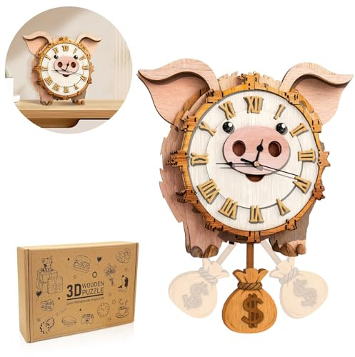Cutywood 3D Wooden Puzzles for Adults, Pig Wood Clocks with Timepiece | Wooden Model Kits for Adults, Animal 3D Jigsaw Puzzles Home Decor/Birthday Gifts for Friends/Family Game Night (10.5 * 9.4in)