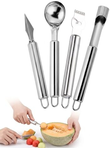 AEUXZA Set 4 Pezzi Utensili da Cucina in Acciaio Inox per Frutta – Scavino per Melone, Coltello per Intagliare, Grattugia per Limone e Togli Torsolo Mela – Ideale per Decorazioni Creative e Snack Sani
