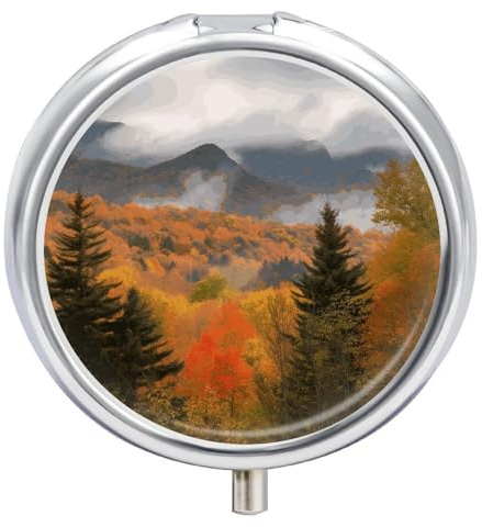 Autumn Foliage Mountains Pill Organizer Round Pill Box Small Pill Case with 3 Compartment Travel Pill Container Portable Medicine Box Metal Medicine Organizer Medication Holder