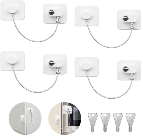 VINATO Pestillo Puerta sin Agujeros 4 Piezas – Seguridad Puertas Niños para Cajones, Nevera y Puertas – Blanco, con 4 Llaves – Cierre en ABS y Acero Inoxidable