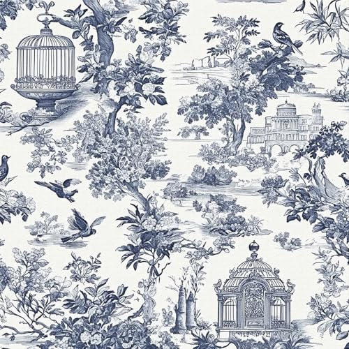 Self Adhesive Wallpaper Blue Floral Birds, 44 x 500 cm Peel and Stick Wallpaper Blue Rustic Flowers Birds Tree Plants Castles Self Adhesive Furniture Wrap for Living Room,Bathroom,Drawer,Cabinets