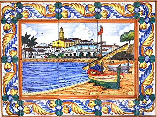 ART ESCUDELLERS Wandbild Marina CADAQUES / Boot / Strand mit Bordüre aus Keramik, handbemalt, 60 cm x 45 cm