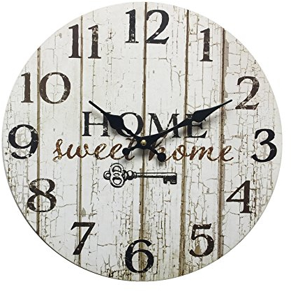 Rebecca Mobili dekorative Wanduhr, Wohnzimmeruhr mit Spruch, Home Sweet Home, Shabby-Stil, Holz Weiß – Maße: Ø 33,8 cm x B 4 cm - Art. RE6151