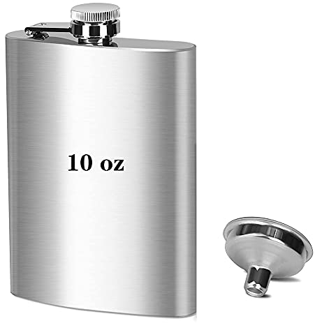 kuou 10oz Hip Flask, Portable Pocket Whiskey, Stainless Steel Flagon with Handy Funnel for Climbing Camping Barbecue Bar Party Drinker, Silver