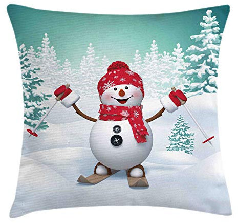 ABAKUHAUS Weihnachten Kissenbezug, Skifahren-Schneemann-Bäume, Wasser und Schmutz resistent Stoff Digital Druck Für den Innen oder Außen Bereich, 40 x 40 cm, Weiß Teal