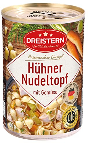 DREISTERN Hühnernudeltopf 400g I Mit Hühnerfleisch & Gemüse I Herzhafter Eintopf in recyclebarer Konservendose I Lange Haltbarkeit dank natürlicher Konservierung I Hausmacher Qualität