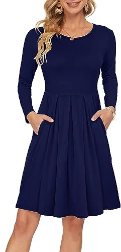 AUSELILY Women's Long Sleeve Pleated Loose Swing Casual Dress with Pockets Knee Length Navy Blue M