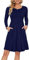 AUSELILY Women's Long Sleeve Pleated Loose Swing Casual Dress with Pockets Knee Length Navy Blue M