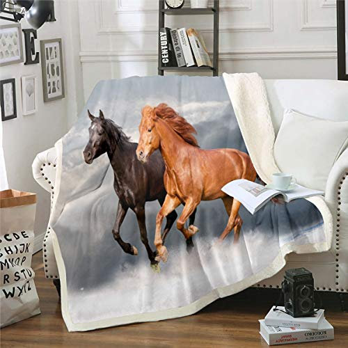 Coperta in pile stampata a cavallo in 3D con stampa a cavallo galoppo, 3D, motivo animali selvatici, Sherpa, coperta in stile selvatico, coperta sfocata per letto, divano, coperta in peluche,