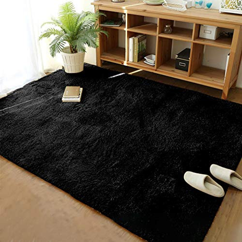 Weicher, moderner, zotteliger Teppich für Wohnzimmer, Schlafzimmer, Schlafsaal, Kinderzimmer, Heimdekorativ, rutschfest, flauschig, flauschig, pelzig, Teppich, 18,2 x 22,4 cm, schwarz