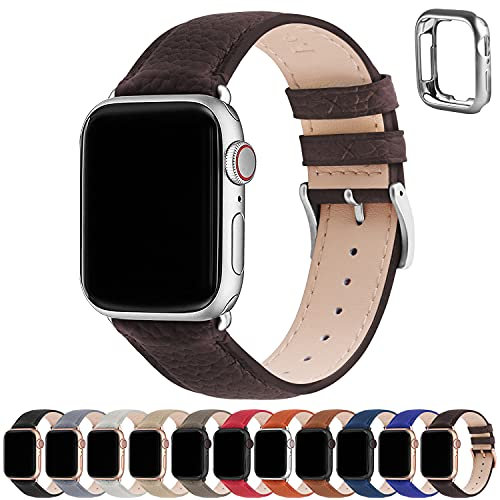 Fullmosa Cinturino Apple Watch Ultra 2 45mm/44mm/42mm/49mm, LichiBosin Cinturini in Pelle per Apple Watch Serie 9 8 7 6 5, Apple watch SE 2/ SE/Ultra, Per Uomo e Donna, Caffè + Fibbia Argenta