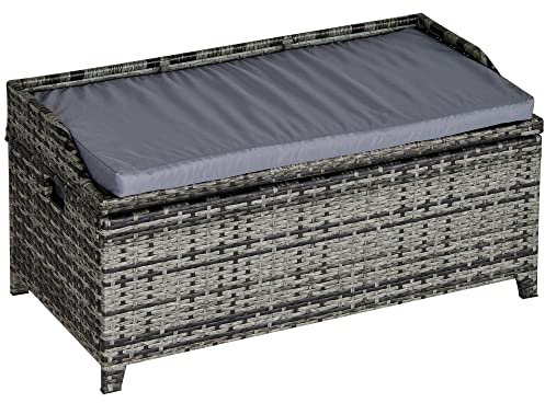 Outsunny PE Rattan Outdoor Storage Bench, Aluminium Garden Bench with Storage Underneath w/Zipped Inner Lining, Rods for Deck, Mixed Grey