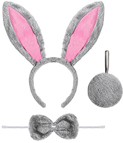 Spooktacular Creations 3 PCs Bunny Accessoires Set einschließlich Kaninchen -Hasen -Ohren -Stirnband, Fliege und Schwanz für Halloween Party Dress -up -Accessoires (Grau und Rosa)
