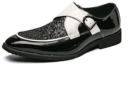 comfortlying Schuhe Kleid Oxford for Männer Slip auf Mönch Strap Schürze Zehen Glänzende Schuhe Pu. Lederschlüsselbeständige Gummi-Sohle-Block-Ferse-Arbeit (Color : Schwarz, Size : 44 EU)