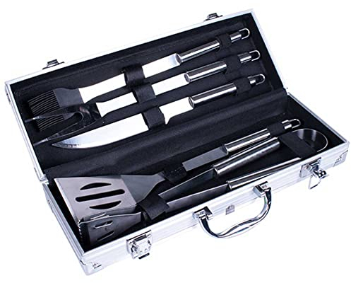 BAKAJI Set Valigetta Accessori Utensili Barbecue Strumenti BBQ Forchettone Pinza Spatola Coltello Pennello in Alluminio Custodia Rigida con Molle e Manico Colore Silver