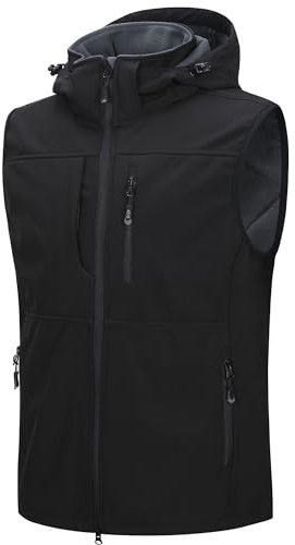 33,000ft Weste Herren Outdoor Wasserdichte Softshell Ärmellose Jacke Bodywarmer Fleece Weste mit Kapuze Full Zip Softshellweste Schwarz L