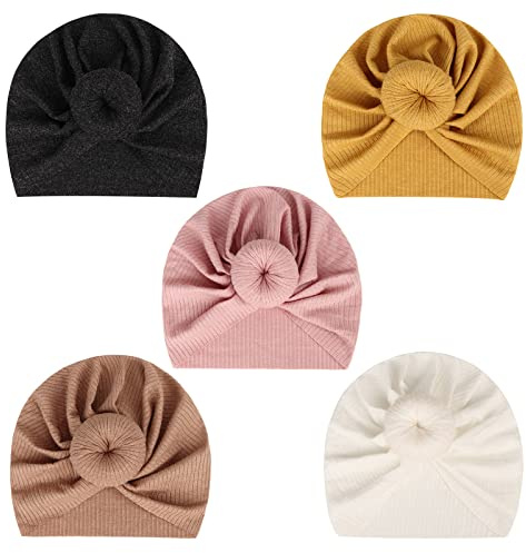DRESHOW 5 Pièces Bébé Turban Bonnets de Naissance Chapeaux Nœuds Papillons Mignon Elastique Child Casquettes Bonnets pour Bébé Fille Garçon