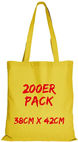 TEXXILLA Baumwolltasche - 200er Pack | Gelb | mit Zwei Langen Henkeln | 38x42cm | Jutebeutel | Einkaufstasche | unbedruckt