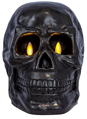 Luminara Flammenlose duale bewegliche Flamme, großer Skelett-Totenkopf-Figur (14,9 x 19,1 cm), Echtwachs-LED-Kerze, geruchlos, Timer, Schwarz