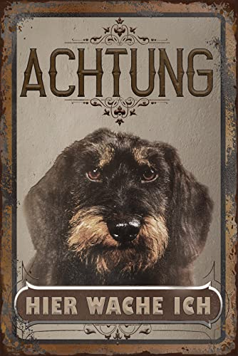 30 x 20 cm wetterfestes Blechschild, Warnhinweis, Torschild, Achtung, hier Wache ich! Warnung vor dem Hund (Dackel)