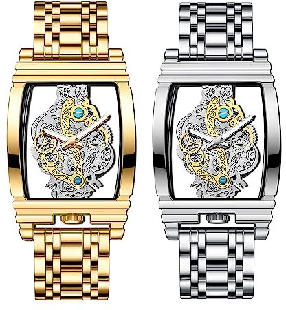 JewelryWe Herrenuhr Edelstahl Uhren Herren - 2pcs Silber/Gold Analog Quarz Armbanduhr mit Edelstahl Armband Mechanisches Imitatdesign 30 wasserdichte Rechteckige Uhr für Männer Junge