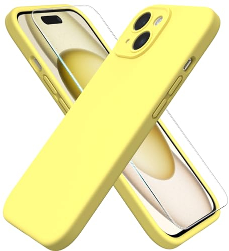 ACRONIX for iPhone 15 Case 6.1 with 1 x Screen Protector, Silky-Soft Touch Liquid Silicone Shockproof Rubber Cases Comprehensive Protection Cover for iPhone 15-Lemon Yellow