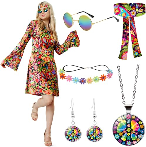 Sealilac Hippie Kostüm Damen, Hippie Kleid, 60er 70er Jahre Bekleidung Damen mit Hippie Brille Haarband Blumengirlande Halskette Ohrringe, Geeignet für Halloween, Karneval (M)