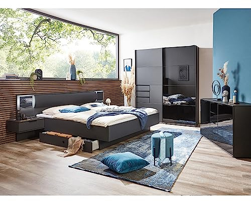 Lomadox Schlafzimmer Set mit Bett 180x200cm, Nachtschrank mit Schublade und LED, Kommode und Schwebetürenschrank mit Schublade in Graphit mit schwarz