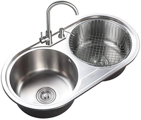 WhfPs Küchenspüle, Doppelwaschbecken, Edelstahl-Küchenspüle, Unterbauspüle, rundes Doppelwaschbecken, Barspüle, Arbeitsplatz mit Abfluss, Seifenspender und Wasserhahn (Farbe: Silber, Größe: C)