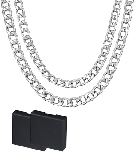 2 Pcs Stainless Steel Chain Gift Set, Hip Pop Necklace with 2 Lengths, Sturdy Silver, Cuban Link, Jewellery, Cuban Chain for Men, Women Lover, Valentines Day(Send Box)